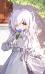  1girl blue_flower blue_rose bow collared_dress commentary_request covered_mouth dress flower hair_bow hair_over_one_eye holding long_hair long_sleeves looking_at_viewer original rose sleeves_past_wrists solo two_side_up white_bow white_dress white_hair yuuhagi_(amaretto-no-natsu) 