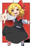  1girl :d absurdres ahoge ascot black_footwear black_shirt black_skirt blonde_hair bobby_socks fangs highres long_sleeves looking_at_viewer miz_(mizillustration) open_mouth outdoors outstretched_arms red_ascot red_background red_eyes rumia shirt short_hair skirt smile socks solo spread_arms teeth touhou upper_teeth_only white_shirt white_socks 