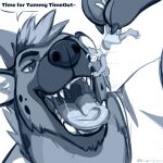2024 anthro artist_name bodily_fluids buizel claws clothing dialogue duo english_text erryx fin finger_claws fur generation_4_pokemon greyscale hair hi_res hyena imminent_vore long_tail looking_at_another macro male male/male mammal markings micro monochrome nintendo open_mouth pokemon pokemon_(species) round_ears saliva sharp_teeth shirt short_hair snout speech_bubble spots spotted_body spotted_fur tail teeth text tongue tongue_out topwear username uvula