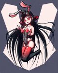  absurdres ahoge animal_ears bare_shoulders black_hair black_leotard blush breasts floofsmear fox_ears fox_girl full_body garter_belt garter_straps highres jumping leg_up leotard long_hair looking_at_viewer non-web_source open_mouth original rabbit_ears rabbit_tail red_eyes red_hair signature simple_background small_breasts tail thighhighs thighs 