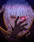  1boy ascot berserk black_gloves blue_background blue_eyes bright_pupils cloak code_geass cosplay covered_mouth eyelashes geass gloves glowing glowing_eye gradient_background griffith_(berserk) hair_between_eyes hand_on_own_face hand_up hashtag-only_commentary heterochromia highres lelouch_vi_britannia lelouch_vi_britannia_(cosplay) light_trail long_hair long_sleeves looking_at_viewer male_focus nisino2222 pink_eyes portrait purple_cloak solo sparkle straight-on wavy_hair white_ascot white_hair white_pupils 