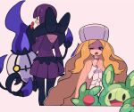  2girls ;o black_gloves black_pantyhose blonde_hair caitlin_(pokemon) chandelure dress eyelashes glasses gloves hat holding holding_pen long_hair long_sleeves looking_at_viewer multiple_girls one_eye_closed pantyhose parted_bangs pen pink_dress pink_hat pokemon pokemon_(creature) pokemon_bw purple_dress purple_eyes purple_hair reuniclus see-through_cape shauntal_(pokemon) short_hair tyako_089 very_long_hair yawning 