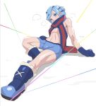  1boy bare_arms blue_footwear blue_hair blue_mittens boots boxer_briefs bulge commentary_request full_body grusha_(pokemon) hair_bun hand_on_own_thigh head_tilt highres male_focus male_underwear masamu_(leonore69) pokemon pokemon_(game) pokemon_sv scarf scarf_over_mouth shiny_skin solo steam striped striped_scarf underwear 