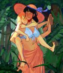  2girls ^_^ barefoot bikini black_hair blue_bikini blue_bow blunt_bangs bow carrying closed_eyes cowboy_shot english_commentary extra_arms forest fuhscia hat hat_bow highres holding holding_shoes multiple_girls nami_(one_piece) nature nico_robin one_piece orange_hair piggyback plant sarong shoes sleeping swimsuit 