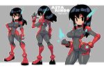  absurdres ass asta_rindo black_hair blush bodysuit breasts character_name closed_mouth grey_bodysuit hand_on_hip highres large_breasts long_hair looking_at_viewer original rariatto_(ganguri) robot_ears smile 