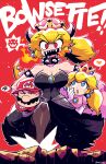  1boy 2girls absurdres armlet black_dress blonde_hair bowsette breasts breathing_fire carrying carrying_under_arm character_name cleavage collar crown dress earrings facial_hair fire hat heart highres horns jewelry long_hair looking_at_another looking_at_viewer mario mario_(series) multiple_girls mustache new_super_mario_bros._u_deluxe open_mouth pointy_ears princess_peach rariatto_(ganguri) red_background red_eyes red_headwear sharp_teeth spiked_armlet spiked_collar spiked_tail spikes spoken_heart spoken_squiggle squiggle strapless strapless_dress super_crown tail teeth thighhighs 