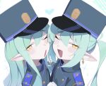  2girls :o black_coat black_hat blue_archive blush coat commentary_request earrings fang gloves green_hair green_halo halo hat heads_together hikari_(blue_archive) holding_hands jewelry long_hair long_sleeves looking_at_viewer multiple_girls nozomi_(blue_archive) open_mouth peaked_cap pointy_ears rotroto simple_background skin_fang smile smug white_background white_gloves yellow_eyes 