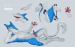  anthro blue_body blue_fur chain chastity_cage chastity_device claws ericherilan fur genitals hi_res looking_at_viewer lying male manoslore nude on_front open_mouth pawpads penis sergal solo tail white_body white_fur yellow_eyes 