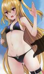  1girl bag bangs bare_arms bare_shoulders bikini black_bikini blonde_hair blue_sky blush breasts cum embarrassed groin h2o_(ddks2923) hair_between_eyes hand_up highres holding holding_bag konjiki_no_yami long_hair looking_at_viewer midriff navel open_mouth partially_visible_vulva red_eyes round_teeth sidelocks skindentation sky small_breasts solo standing star_ornament sweat swimsuit teeth thigh_strap thighs to_love-ru two_side_up upper_teeth_only v-shaped_eyebrows very_long_hair wakamezake 