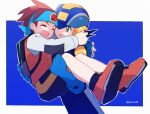  2boys bag black_shorts blue_background blue_bodysuit blue_headband blue_helmet bodysuit brothers brown_hair carrying closed_eyes emblem green_eyes headband lan_hikari_(mega_man) male_focus mega_man_(series) mega_man_battle_network_(series) megaman.exe mizuirov multiple_boys netnavi one_eye_closed orange_footwear orange_vest princess_carry school_bag shirt shoes shorts siblings twitter_username vest white_shirt 