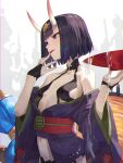  1girl alcohol bare_shoulders breasts collarbone cup eyeliner fate/grand_order fate_(series) gourd headpiece highres horns japanese_clothes kimono lantern long_sleeves makeup navel obi off_shoulder oni paper_lantern purple_eyes purple_hair purple_kimono revealing_clothes sakazuki sake sash short_hair short_kimono shuten_douji_(fate) skin-covered_horns small_breasts smile solo tesin_(7aehyun) tongue tongue_out wide_sleeves 