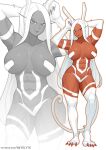  1girl abs absurdres animal_ears animal_hands arm_behind_head armpits arms_up bare_shoulders body_fur boku_no_hero_academia breasts breasts_apart claws collarbone cosplay dark-skinned_female dark_skin english_commentary felicia_(vampire) felicia_(vampire)_(cosplay) full_body highres large_breasts long_eyelashes long_hair looking_at_viewer mirko muscular muscular_female navel open_mouth parted_bangs patreon_username rabbit_ears rabbit_girl red_eyes revealing_clothes satelyte smile solo stomach tail teeth thick_thighs thighhighs thighs upper_teeth_only vampire_(game) very_long_hair white_fur white_hair white_thighhighs zoom_layer 