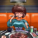  1girl 1other ^_^ belt belt_buckle blunt_bangs blunt_ends blush bob_cut booth_seating bowl breasts brown_belt buckle chopsticks chopsticks_in_mouth clenched_hand closed_eyes collarbone commentary cooking cup drinking_glass eating elbow_rest facing_viewer food green_sweater grill grilling high-waist_pants holding holding_chopsticks large_breasts lettuce meat melon_soda on_bench pants plate pov pov_hands raised_eyebrows ranma_1/2 restaurant sauce sausage short_hair single_horizontal_stripe sitting solo_focus steam sweater table tendou_nabiki tongs upper_body very_long_sleeves wanta_(futoshi) wash_cloth white_pants yakiniku 