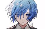  1boy a_d_chi black_jacket blue_eyes blue_hair closed_mouth collared_shirt eyes_visible_through_hair hair_over_one_eye jacket looking_at_viewer male_focus persona persona_3 persona_3_reload portrait shirt short_hair signature simple_background solo upper_body white_background white_shirt yuuki_makoto_(persona_3) 