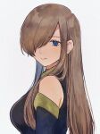  1girl bare_shoulders blue_eyes breasts brown_dress brown_hair brown_sleeves closed_mouth commentary detached_sleeves dress from_side grey_background hair_behind_ear hair_over_one_eye hair_over_shoulder high_collar highres large_breasts light_smile long_hair looking_at_viewer looking_to_the_side one_eye_covered sidelocks sleeveless sleeveless_dress solo straight_hair tales_of_(series) tales_of_the_abyss tear_grants upper_body vampire_mnk 