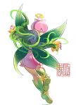  artist_logo boots closed_eyes detached_sleeves digimon digimon_(creature) dress fairy_wings from_behind green_footwear green_hair green_sleeves highres lilimon long_hair monster_girl pink_dress plant_hair simple_background white_background wings youzaiyouzai112 