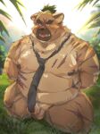absurd_res anthro balls belly blush brown_body brown_fur canid canine canis domestic_dog foreskin fur genitals hi_res lifewonders male mammal mostly_nude musclegut muscular navel necktie nipples okentya outside pecs penis scar solo tie_only tokyo_afterschool_summoners yasuyori_(tas)