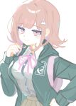  1girl backpack bag banananoyabatan blush breasts brown_hair brown_skirt collared_shirt danganronpa_(series) danganronpa_2:_goodbye_despair flipped_hair green_jacket hair_ornament highres hood jacket long_sleeves looking_at_viewer medium_hair nanami_chiaki neck_ribbon open_clothes open_jacket pink_eyes pink_ribbon ribbon shirt skirt smile smug solo spaceship_hair_ornament two-tone_shirt white_shirt 