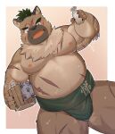 absurd_res anthro asian_clothing belly blush brown_body brown_fur bucket bulge cai_yuwang canid canine canis clothing container domestic_dog east_asian_clothing eyebrows fur hi_res japanese_clothing lifewonders male mammal mawashi musclegut muscular nipples pecs scar solo thick_eyebrows tokyo_afterschool_summoners yasuyori_(tas)