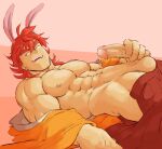  1boy abs animal_ears bara bare_pectorals bare_shoulders chinese_zodiac erection feet_out_of_frame groin highres large_pectorals looking_to_the_side lying male_focus medium_hair muscular muscular_male navel nipples off_shoulder on_back open_clothes open_pants open_shirt orange_hair original pants pectorals penis penis_grab piikeisandaa rabbit_ears seductive_smile smile smirk solo stomach thick_eyebrows uncensored veins veiny_penis year_of_the_rabbit 