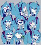  angry aqua_eyes aqua_hair aqua_necktie blush_stickers closed_eyes colored_skin expression_chart expressions eyeshadow frustrated grey_shirt hatsune_miku headphones headset highres long_hair makeup mori_no_ji multiple_views music necktie nervous object_on_head pale_skin purple_eyeshadow ringed_eyes shirt shoulder_blush singing sleeveless smile smirk smug spring_onion sweat twintails very_long_hair vocaloid white_skin worried 