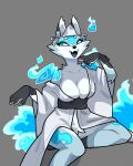 2023 asian_clothing blue_body blue_eyes blue_fur blue_tongue breasts canid canine clothing cute_fangs east_asian_clothing female fox fur half-closed_eyes hi_res humanoid japanese_clothing kemono mammal narrowed_eyes nulia open_mouth simple_background solo tongue yuurei-chan 
