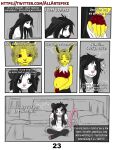 4_toes american_opossum anthro artist_name black_body black_eyes black_fur black_hair blonde_hair breasts claws clothing comic dialogue digital_media_(artwork) duo eeveelution english_text feet female fur generation_1_pokemon grey_body grey_fur hair hi_res jewelry jolteon joselyn_(spikethefurry) kia_(spikethefurry) male mammal marsupial monochrome necklace nintendo paws pokemon pokemon_(species) pregnant red_eyes simple_background solo spike_the_furry tail text toes url virginia_opossum white_body white_fur yellow_body yellow_fur