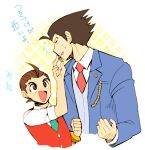  2boys ace_attorney antenna_hair apollo_justice black_hair blue_jacket blue_pants bracelet brown_eyes brown_hair closed_eyes collared_shirt formal jacket jewelry long_sleeves looking_at_another male_focus minashirazu multiple_boys necktie open_mouth pants phoenix_wright red_necktie shirt short_hair smile spiked_hair suit sweatdrop upper_body vest white_shirt 