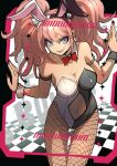  1girl :d absurdres animal_ears armlet bare_shoulders bear_hair_ornament black_leotard blonde_hair bow bowtie breasts checkered_floor cleavage clothing_cutout collarbone cowboy_shot danganronpa:_trigger_happy_havoc danganronpa_(series) detached_collar enoshima_junko fake_animal_ears fishnet_pantyhose fishnets hair_ornament highres large_breasts leotard nail_polish navel navel_cutout official_alternate_costume open_mouth pantyhose playboy_bunny red_bow red_bowtie red_nails smile solo twintails white_leotard wrist_cuffs youko-shima 