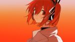  1girl a.i._voice adachi_rei closed_mouth enka_(nacl_chica) from_side gradient_background hair_ribbon headset highres jacket looking_at_viewer looking_to_the_side netsu_ijou_(utau) one_side_up orange_background red_eyes red_hair ribbon short_hair solo upper_body utau white_jacket white_ribbon 