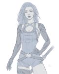  1girl blue_overalls breasts cleavage collarbone commentary cyborg highres katana large_breasts limited_palette mechanical_arms mechanical_legs original overalls parted_lips sheath sheathed signature single_mechanical_leg sketch solo sword tank_top weapon will_jack 