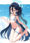  1girl absurdly_long_hair absurdres aris_(blue_archive) bare_arms bare_legs bare_shoulders barefoot bikini black_hair black_hairband blue_archive blue_bikini blue_eyes blue_halo blush breasts collarbone groin hairband halo highres long_hair looking_at_viewer navel one_side_up parted_lips polka_dot polka_dot_bikini pu_ht small_breasts solo swimsuit toes very_long_hair 