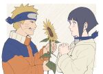  black_hair blonde_hair blush border closed_eyes diagonal_striped_background facial_mark flower forehead_protector from_side grin highres holding holding_flower hood hoodie hyuuga_hinata jacket konohagakure_symbol naruto naruto_(series) no_pupils orange_jacket own_hands_together pnpk_1013 purple_eyes short_hair smile spiked_hair striped_background sunflower upper_body uzumaki_naruto whisker_markings white_border white_hoodie 