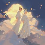  2boys 7203274984 angel angel_wings aziraphale_(good_omens) cloud crowley_(good_omens) glasses good_omens halo highres long_sleeves multiple_boys red_hair robe sparkle_background white_hair white_robe wings 