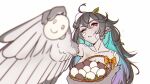  1girl ahoge animal_ears bandage_on_face bandages bandaid bandaid_on_face basket bird_ears black_hair blue_hair breasts cleavage colored_inner_hair commentary dirty dirty_face egg english_commentary feathered_wings gradient_hair grey_feathers grey_wings highres holding holding_egg leaf looking_at_viewer medium_breasts messy_hair multicolored_hair one_eye_closed orange_eyes original purple_hair reaching reaching_towards_viewer shinbun_n simple_background smile smiley_face solo white_background winged_arms wings 