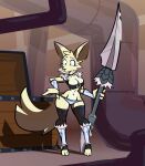  2024 3_toes 4_fingers anthro armor armwear aygee black_clothing black_legwear black_stockings black_thigh_highs breasts canid canine cleavage clothed clothing feet female fennec_fox fingers fluffy fluffy_tail fox fur_trim_(clothing) grey_eyes holding_melee_weapon holding_object holding_polearm holding_spear holding_weapon legwear luve_the_fennec mammal medium_breasts melee_weapon panties polearm solo spear stirrup_stockings stockings tail thigh_highs toes treasure_chest true_fox unconvincing_armor underwear weapon wide_hips 