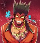  1boy ace_attorney bara black_hair blush chain_necklace clenched_teeth colored_skin furio_tigre jacket jewelry looking_down male_focus minashirazu money money_tuck muscular muscular_male necklace open_mouth phoenix_wright:_ace_attorney_-_trials_and_tribulations red_jacket red_skin short_hair solo spiked_hair sweatdrop teeth upper_body 