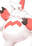  2022 2_fingers anthro belly big_belly biped black_eyes black_nose blush bodily_fluids cheek_tuft claw_fingers claws colored digital_media_(artwork) facial_tuft featureless_crotch finger_claws fingers front_view fur generation_3_pokemon gloves_(marking) half-length_portrait hi_res kemono male male_anthro mammal markings mismatched_ears monotone_tail multicolored_body multicolored_fur neck_tuft nintendo nude overweight overweight_anthro overweight_male pokemon pokemon_(species) portrait red_body red_ears red_fur red_markings shaded simple_background smile solo sweat tail thick_thighs tuft two_tone_body two_tone_fur white_background white_body white_ears white_fur white_tail wide_hipped_male wide_hips xennochan zangoose 