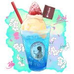  absurdres artist_name cup disposable_cup drinking_straw food food_focus fruit highres ice_cream ice_cream_float melon_soda no_humans original strawberry takisou_sou whipped_cream 