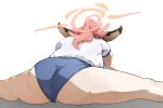  1girl absurdres alternate_costume aru_(blue_archive) ass ass_focus blue_archive blue_buruma blue_panties buruma butt_crack demon_horns from_behind half_updo halo highres horns leaning_forward legs long_hair mole mole_on_ass orange_hair panties panties_under_buruma partially_visible_vulva ryeon_(bluetom1) shirt short_sleeves solo spread_legs stretching striped_clothes striped_panties thighs two-tone_panties underwear white_panties white_shirt wide_spread_legs 