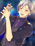  1boy blurry blurry_background bottle collared_shirt dress_shirt ear_piercing earrings eyeliner formal fuwa_minato fuwa_minato_(2nd_costume) grey_hair highres holding holding_bottle jacket jewelry lens_flare lens_flare_abuse light_blush light_particles looking_at_viewer makeup multicolored_hair necktie nijisanji open_mouth piercing purple_eyes purple_hair purple_jacket purple_necktie purple_shirt purple_vest red_eyeliner sake_kasu_big shirt short_hair sleeves_rolled_up smile streaked_hair teeth tsurime upper_body upper_teeth_only vest waistcoat 