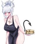  1girl apron blush bowing breasts chocolate chocolate_on_body chocolate_on_breasts demon_girl demon_horns demon_tail food food_in_mouth food_on_body helltaker highres holding holding_plate horns lucifer_(helltaker) mole mole_under_eye naked_apron okitao pancake plate red_eyes tail thighs white_background white_hair white_horns 