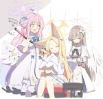  3girls angel_wings animal_ears blonde_hair blue_archive capelet closed_eyes cruciform_halo cup dress eating feathered_wings flower food fox_ears hair_bun hair_flower hair_iron hair_ornament halo highres light_brown_hair long_hair long_sleeves low_wings mika_(blue_archive) mug multiple_girls nagisa_(blue_archive) pink_hair pink_halo sandwich satou_kibi seia_(blue_archive) single_side_bun sitting sleepy sleeves_past_fingers sleeves_past_wrists squeans tea_party_(blue_archive) white_capelet white_dress white_wings wide_sleeves wings yellow_eyes yellow_halo 