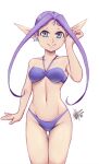  1girl 2022 artist_request blue_eyes breasts closed_mouth collarbone dated earrings grandia grandia_i jewelry liete_(grandia) long_hair navel pointy_ears purple_hair signature simple_background smile solo swimsuit white_background 