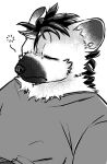  2024 anthro arknights clothing ear_piercing eyes_closed fur hair hi_res hyena hypergryph male mammal monochrome piercing solo spot_(arknights) spotted_hyena studio_montagne tired tobyou_222 topwear 