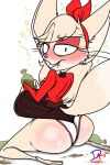 alcohol anthro beer beverage big_butt blush bottomwear buckteeth butt canid canine clothed clothing clothing_lift derangedartist drunk female fennec_fox fox hair mammal messy_hair panties red_clothing skirt skirt_lift solo substance_intoxication teeth true_fox underwear whiskers