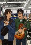  2boys absurdres black_hair black_pants blue_jacket brown_hair collared_shirt commentary_request cowboy_shot electric_guitar fukumoto_nobuyuki_(style) green_shirt guitar highres holding holding_guitar holding_instrument ichijou_seiya indoors instrument jacket joukyou_seikatsuroku_ichijou kaiji keyboard_(instrument) long_hair long_sleeves looking_at_another looking_to_the_side male_focus medium_bangs minahamu multiple_boys murakami_tamotsu official_style open_clothes open_jacket open_mouth pants parody pointy_nose shirt shop short_hair smile speaker style_parody v-shaped_eyebrows white_shirt 