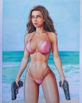  1girl alternate_eye_color alternate_hair_color ass_visible_through_thighs bikini blue_eyes breasts brown_hair commentary cowboy_shot dual_wielding english_commentary gun gun_honey handgun highres holding holding_gun holding_weapon joanna_tan large_breasts marker_(medium) navel ocean parted_lips pink_bikini pink_lips solo swimsuit traditional_media weapon will_jack 
