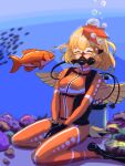  1girl absurdres bird_wings blonde_hair bodysuit breasts closed_eyes commentary_request diving_mask diving_regulator diving_suit feathered_wings fish flippers goggles highres nicoseiga_26694557 niwatari_kutaka orange_wetsuit oxygen_tank red_hair scuba scuba_gear scuba_tank short_hair sitting skin_tight small_breasts solo tail touhou underwater wariza wetsuit wings yellow_tail yellow_wings 