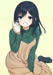  1girl black_hair black_socks blue_eyes brown_dress commentary_request commission dress glass green_sweater grin hair_down kantai_collection looking_at_viewer mitsuyo_(mituyo324) official_alternate_costume official_alternate_hairstyle smile socks solo souryuu_(kancolle) sweater 